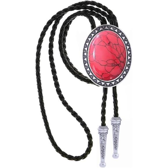 Bolo Tie Leather Necktie, Red - Picture 1 of 7